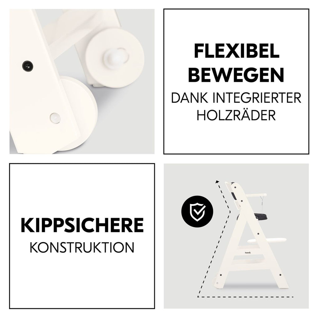 Nærbilde av hjul på Barnestol Beta Plus hvit