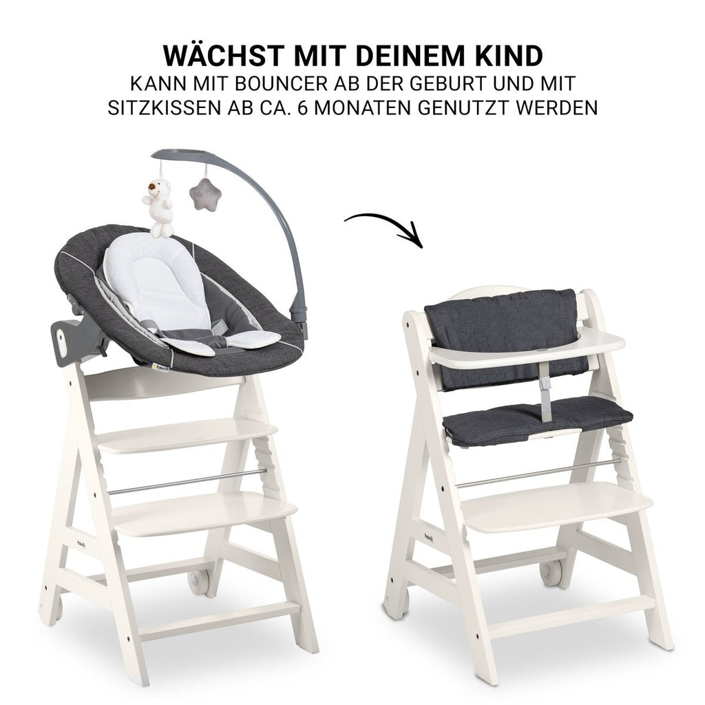 Barnestol Beta Plus White nyfødtsett Deluxe montert ved bord