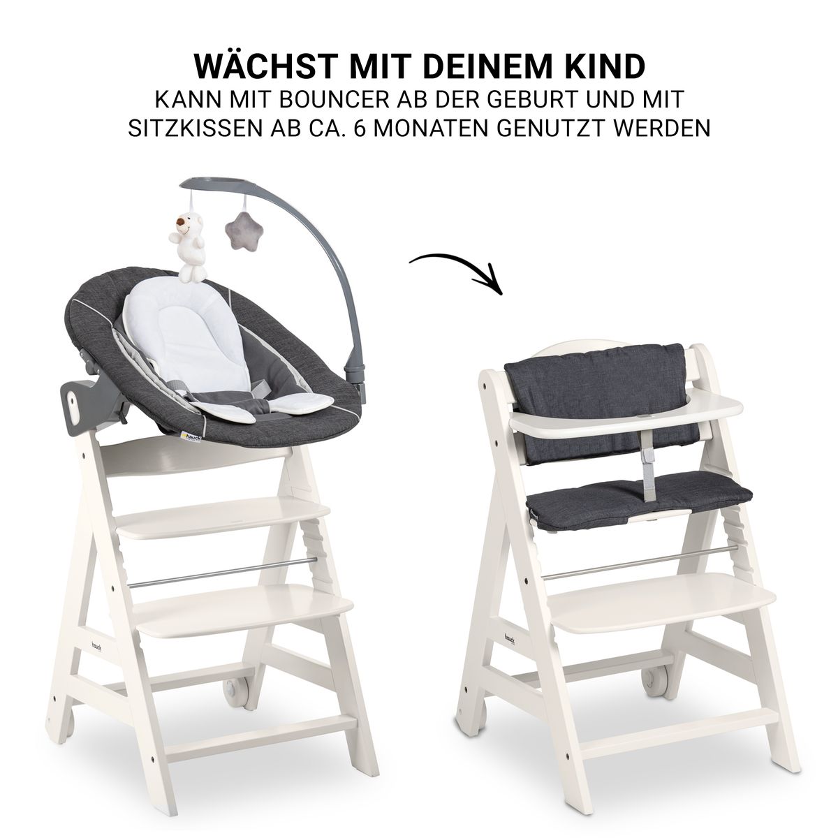 Barnestol Beta Plus White nyfødtsett Deluxe montert ved bord