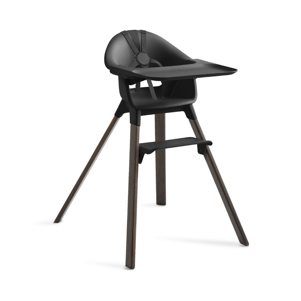 Barnestol Clikk Black/Warm Brown med brett og sele forfra