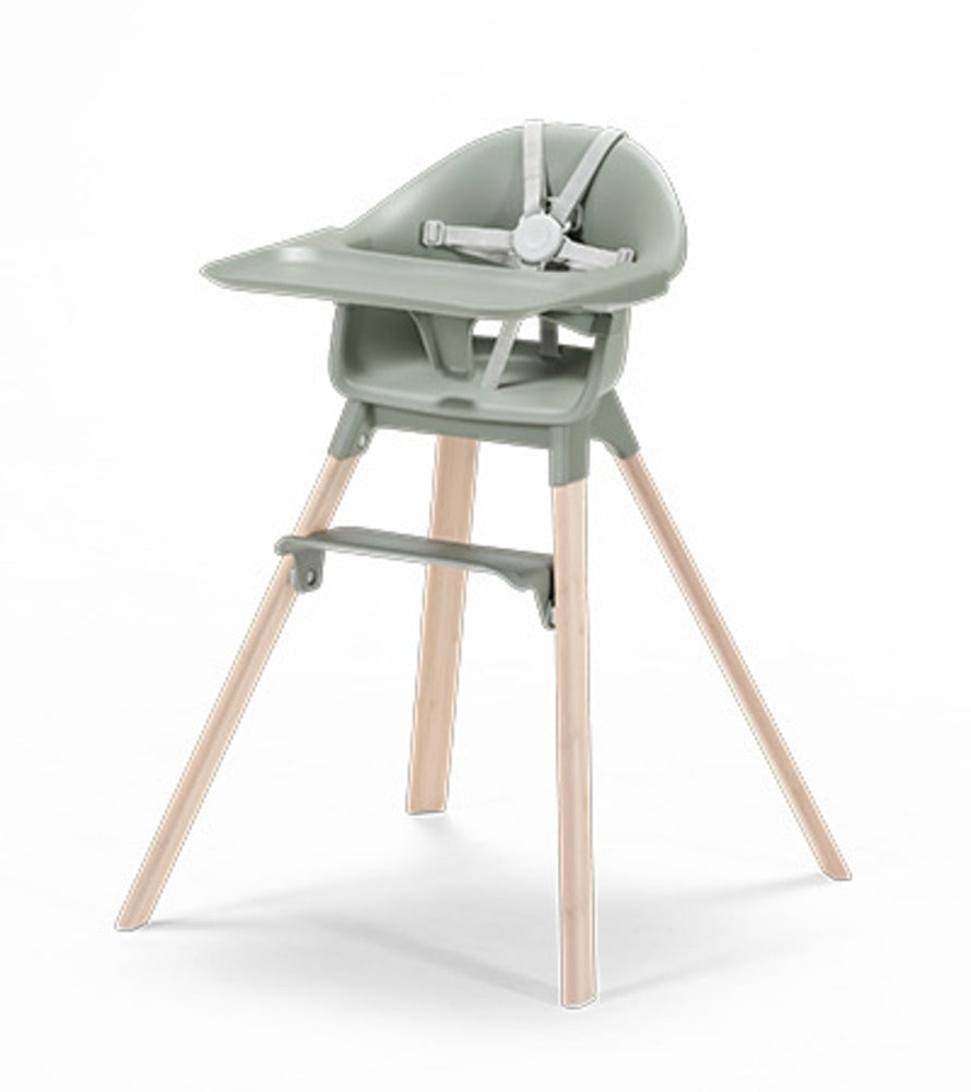 Barnestol Clikk Glacier Green med brett og sele bakside