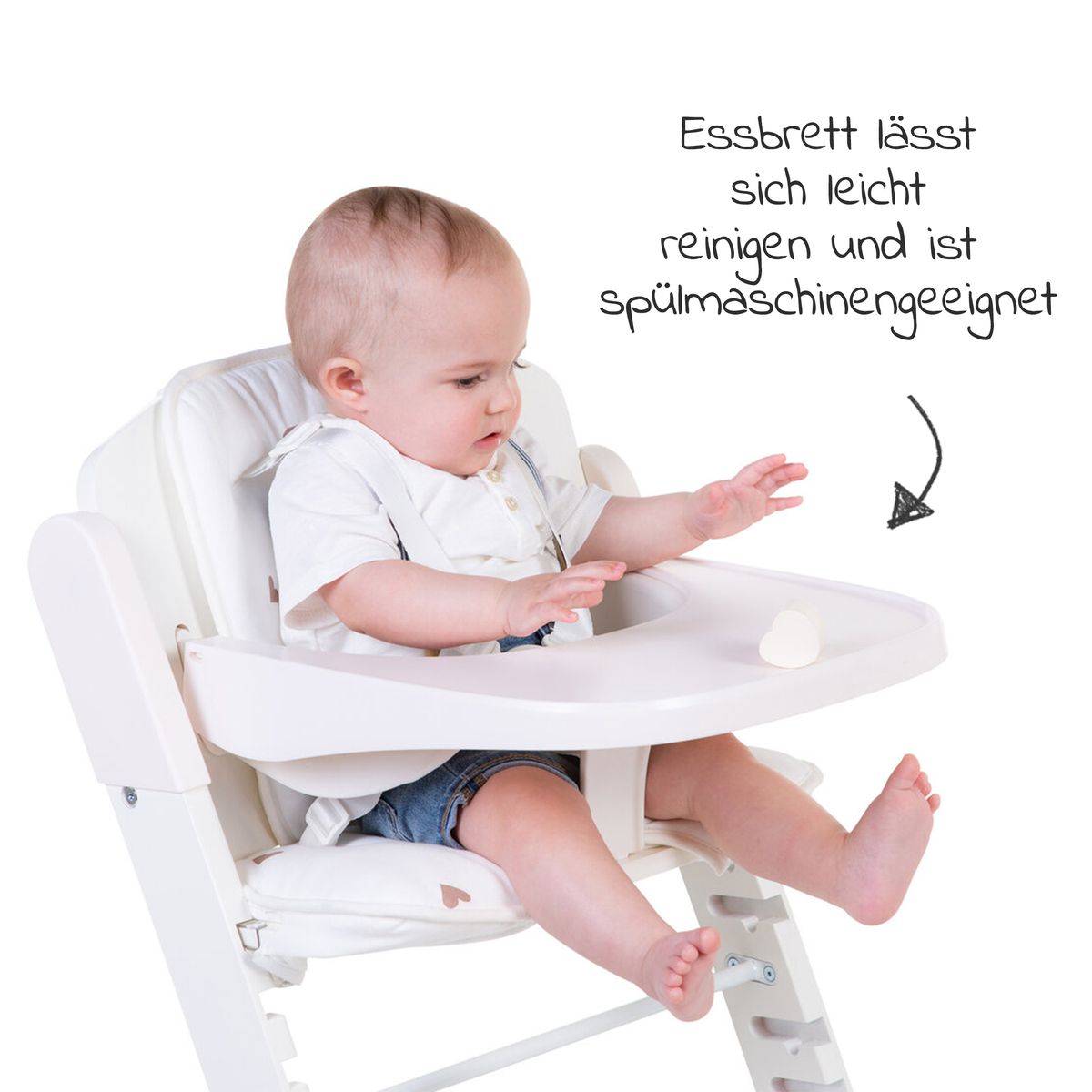 Barnestol Evosit fra 6 mnd med avtakbart spisebrett hvit montert i stue