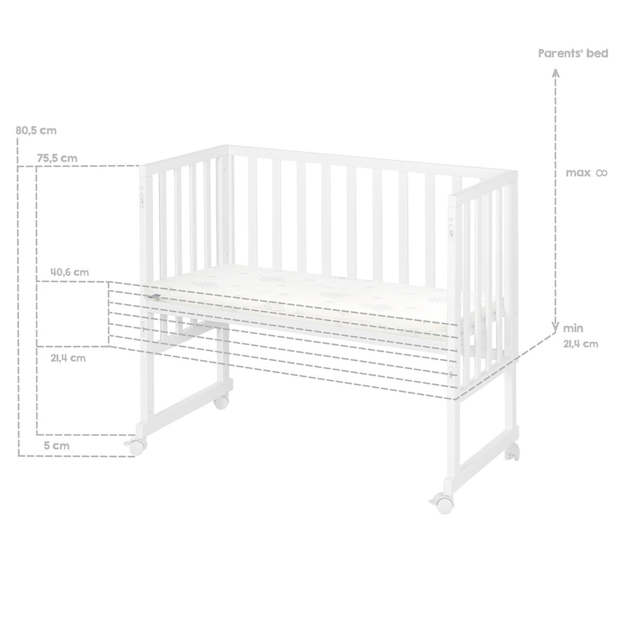 Bedside crib 3-i-1 med barriere roba Style grå 45x90 cm festestropper
