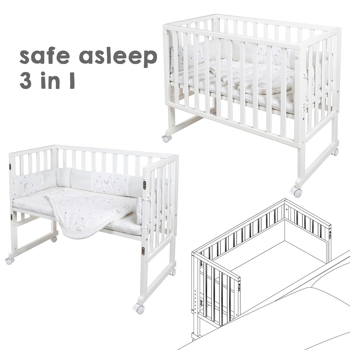 Sikkerhetsdetaljer på Bedside crib 3-i-1 Sternenzauber safe asleep® hvit