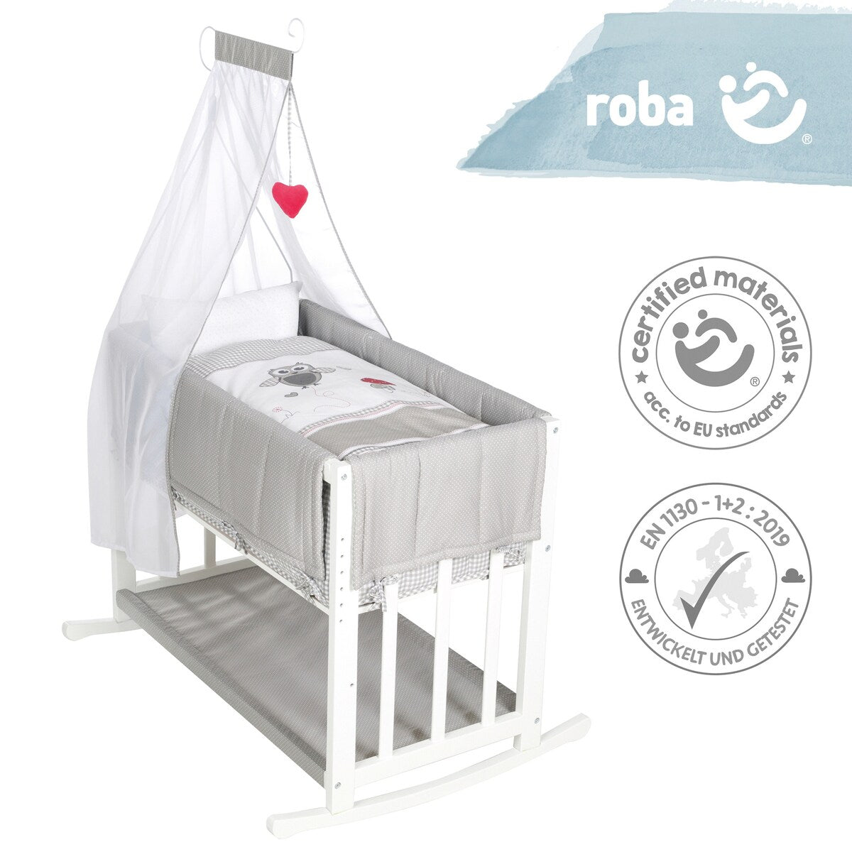Bedside crib 4-i-1 Adam & Eule med vugge og himmel komplett sett