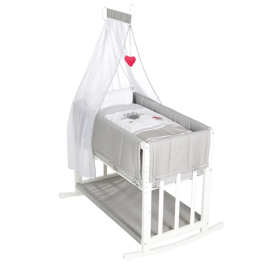 Bedside crib 4-i-1 Adam & Eule med vugge og himmel forfra