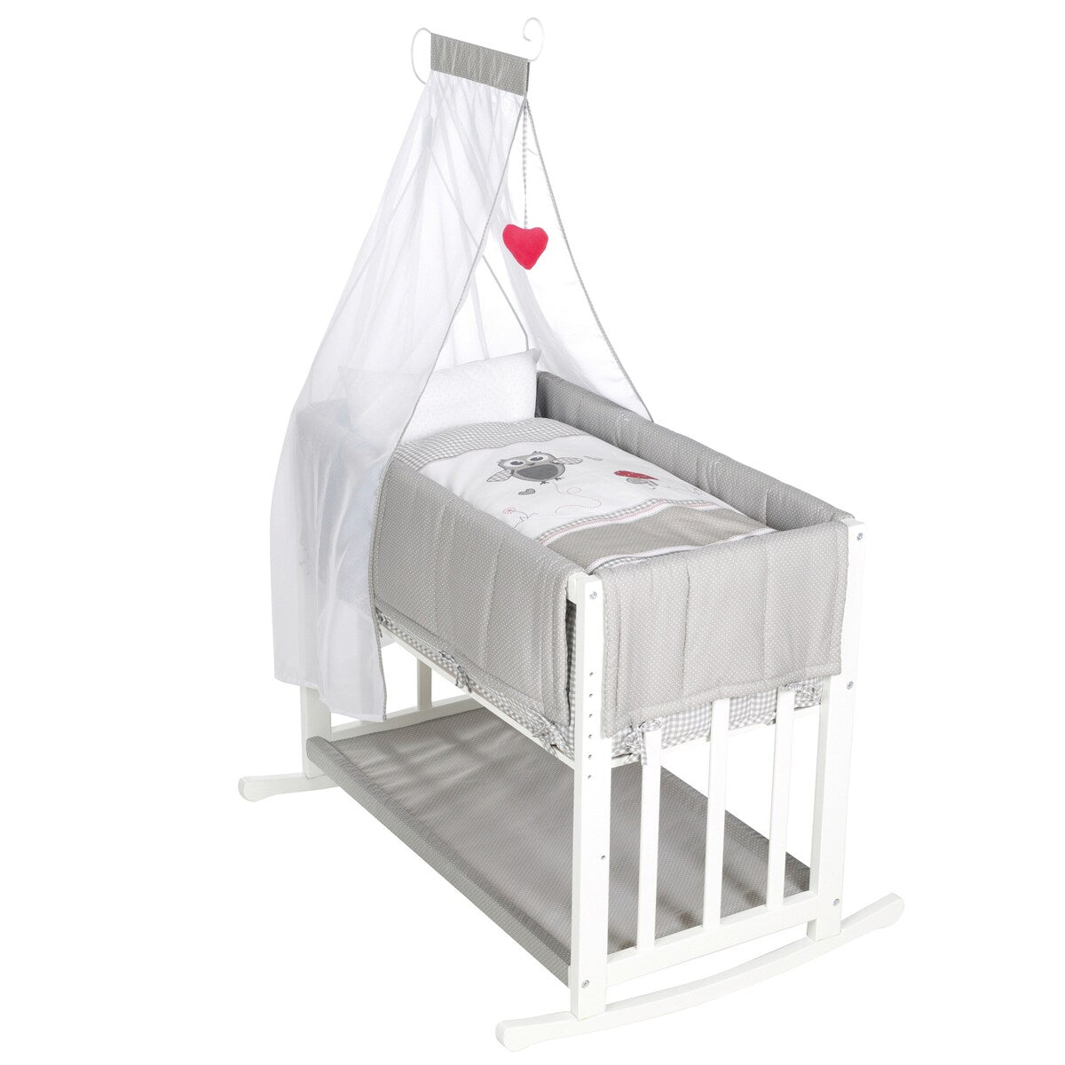 Bedside crib 4-i-1 Adam & Eule med vugge og himmel forfra