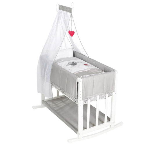 Bedside crib 4-i-1 Adam & Eule med vugge og himmel forfra