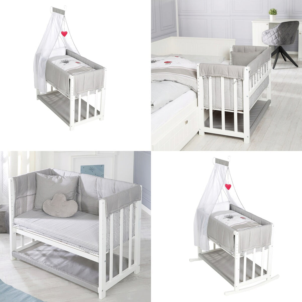Bedside crib 4-i-1 Adam & Eule med vugge og himmel detalj av tekstiler