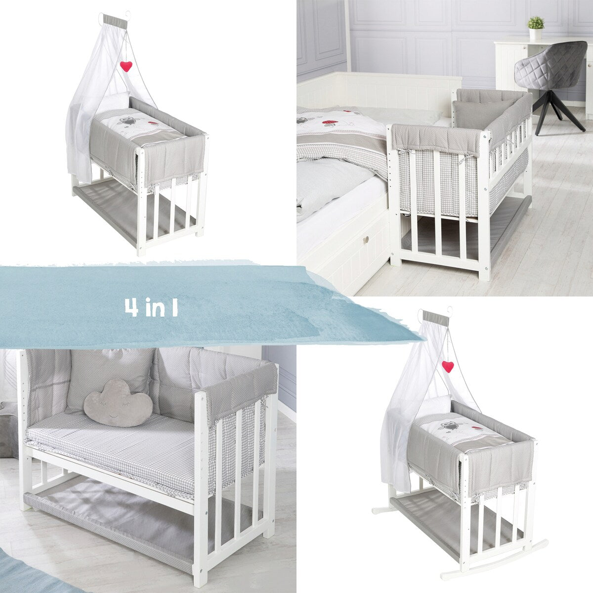 Bedside crib 4-i-1 Adam & Eule med vugge og himmel madrass detalj