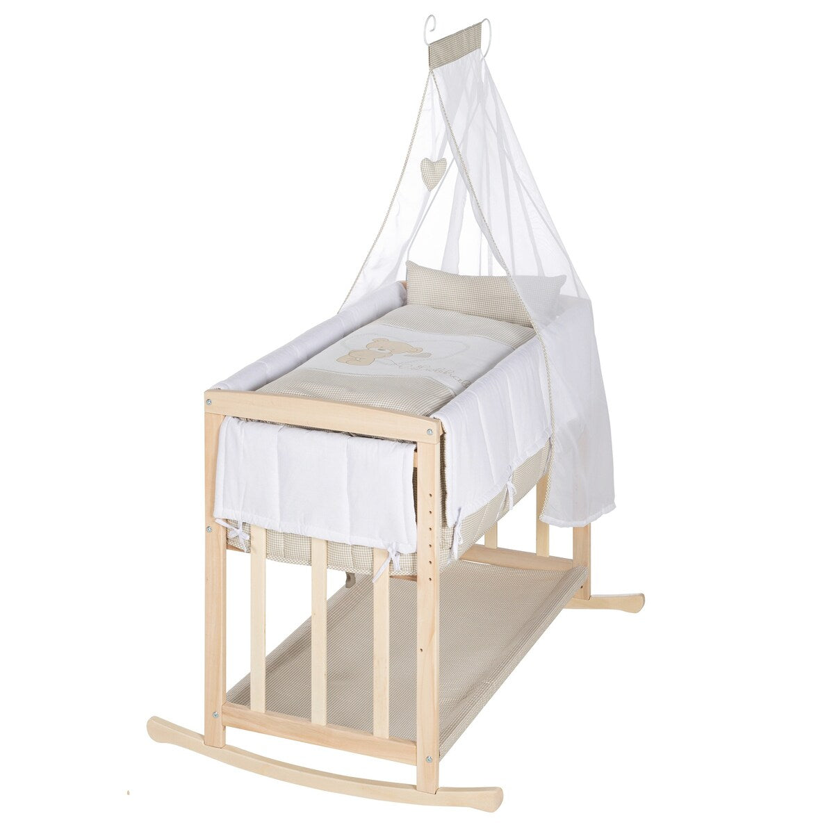 Bedside crib 4-i-1 Liebhabär med vugge og himmel forfra