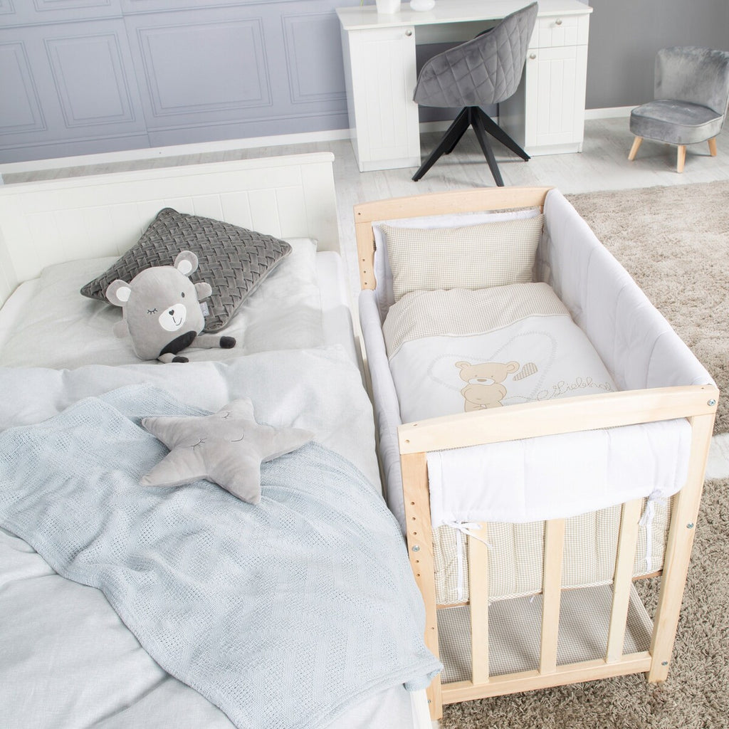 Bedside crib 4-i-1 Liebhabär med vugge og himmel bakside