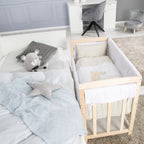 Bedside crib 4-i-1 Liebhabär med vugge og himmel bakside