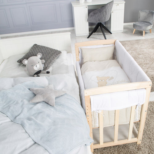Bedside crib 4-i-1 Liebhabär med vugge og himmel bakside
