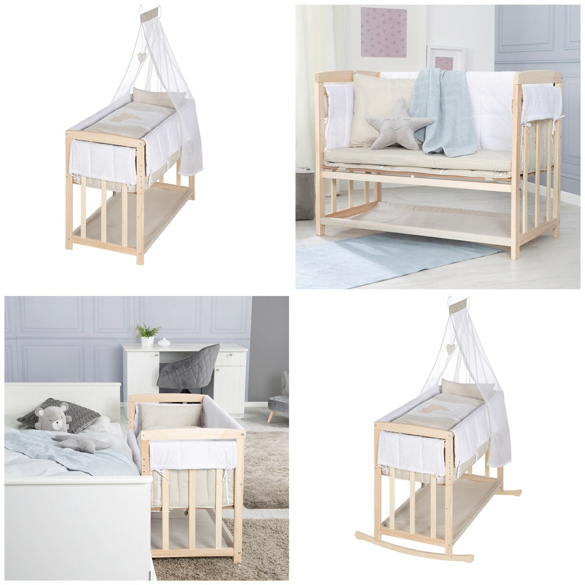Detalj av tekstiler på Bedside crib 4-i-1 Liebhabär
