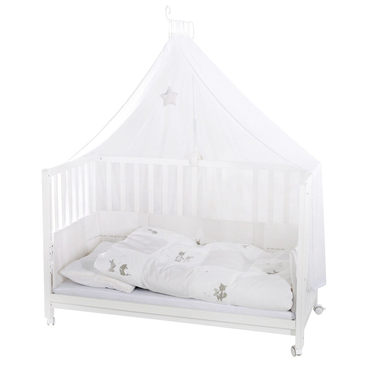 Bedside crib 60x120 cm Fox & Bunny høydejusterbar montert ved seng