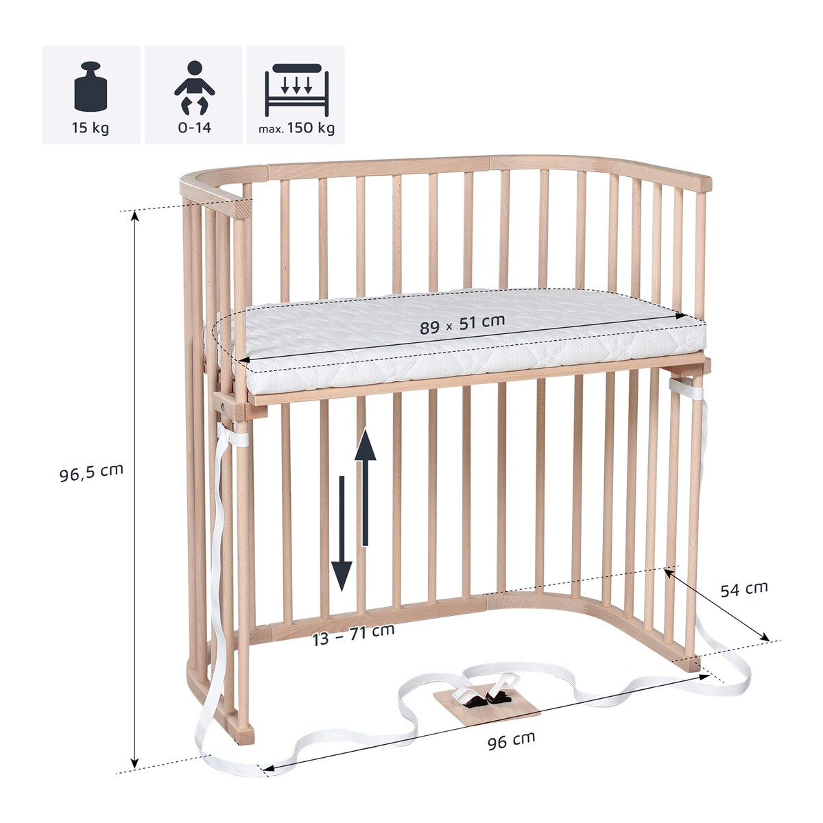 Bedside crib Boxspring 89x51 cm for høye senger - babybay