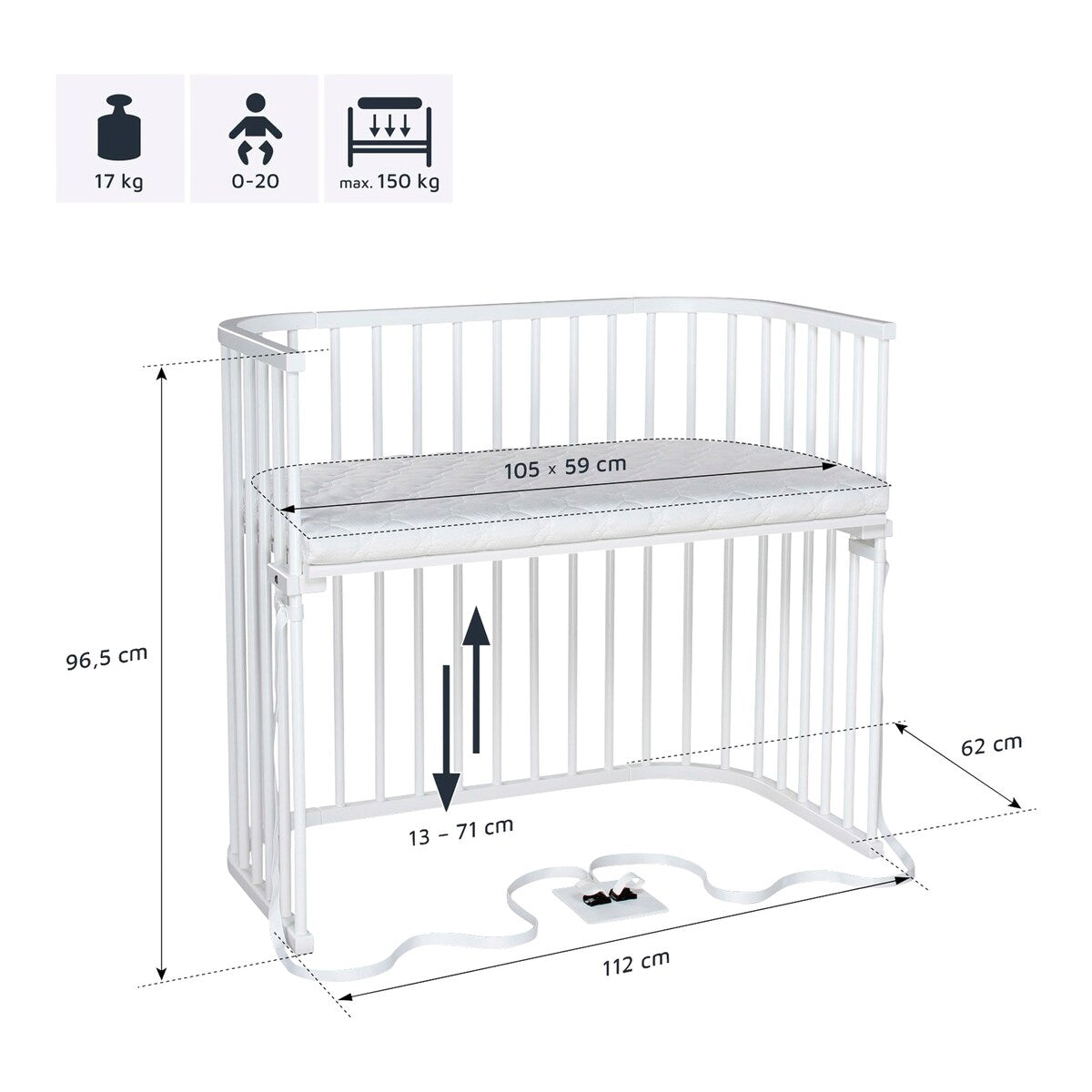 Bedside crib Boxspring XXL i bøk justerbar høyde