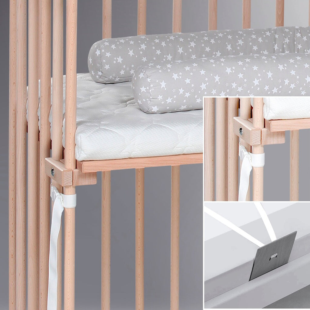 Bedside crib Boxspring XXL i bøk oversikt fra siden