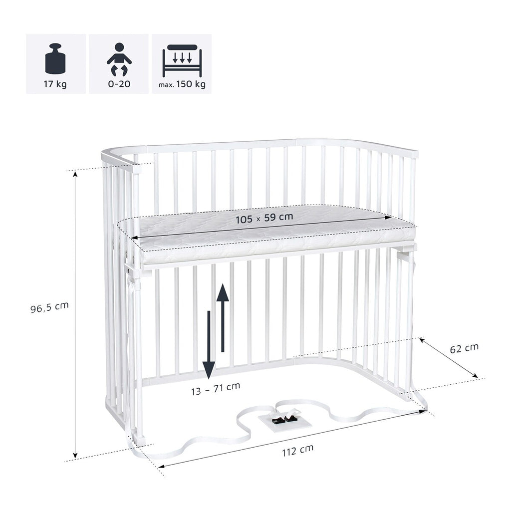 Montert bedside crib Boxspring XXL hvit med madrass