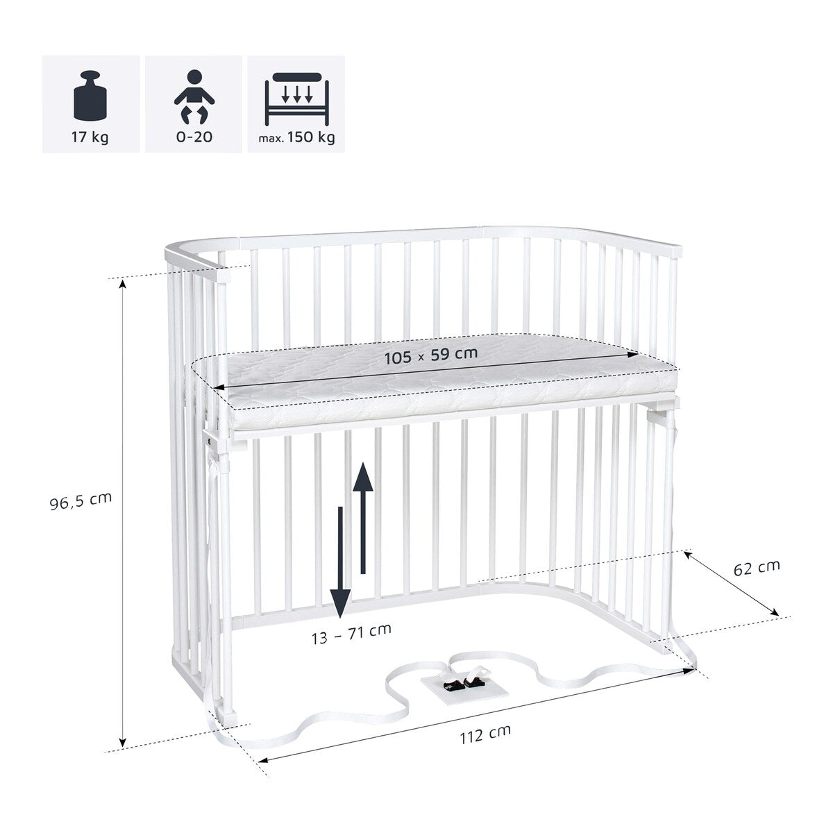 Montert bedside crib Boxspring XXL hvit med madrass