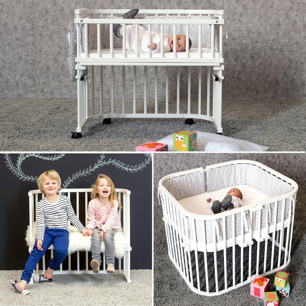Oversikt av bedside crib Boxspring XXL hvit med madrass