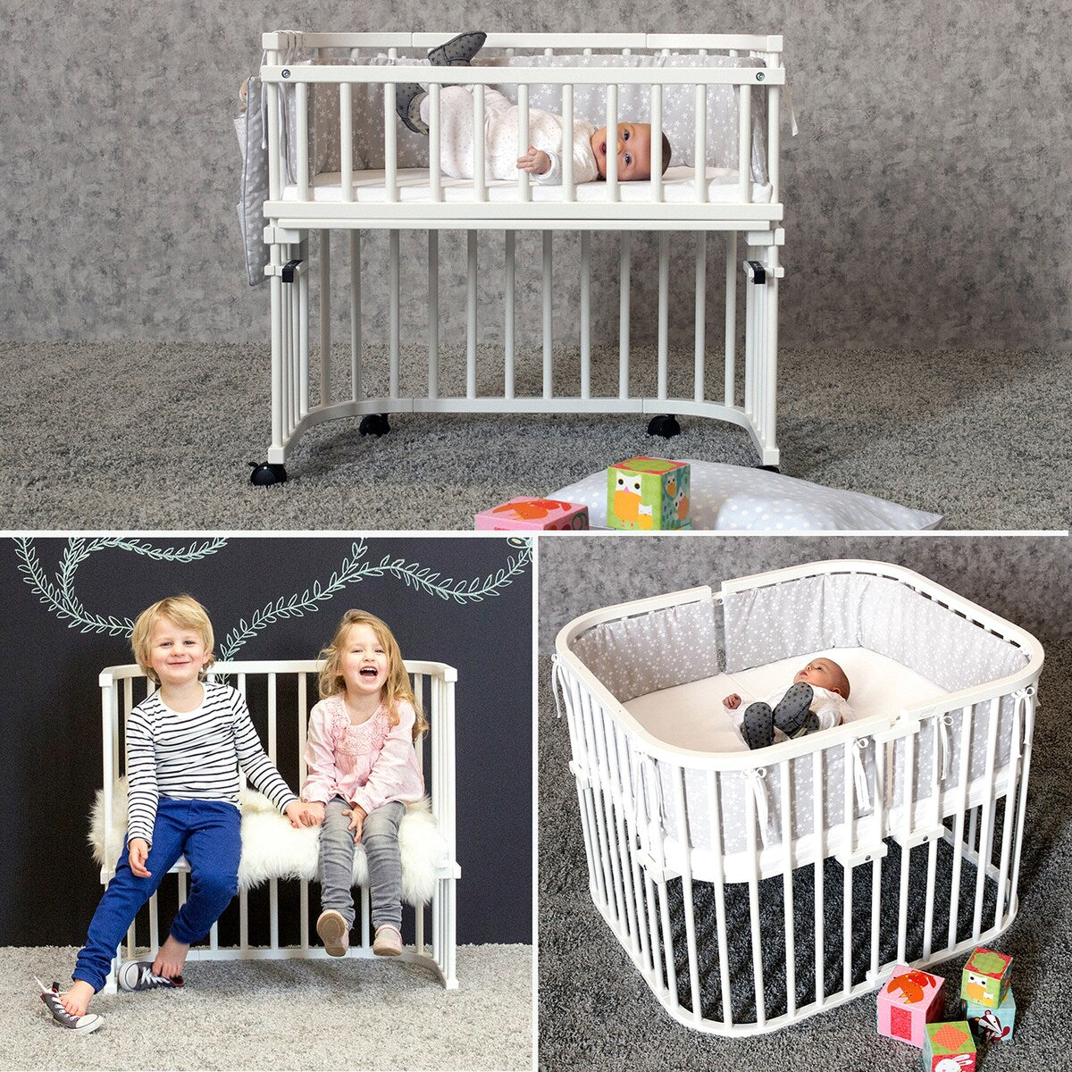 Oversikt av bedside crib Boxspring XXL hvit med madrass