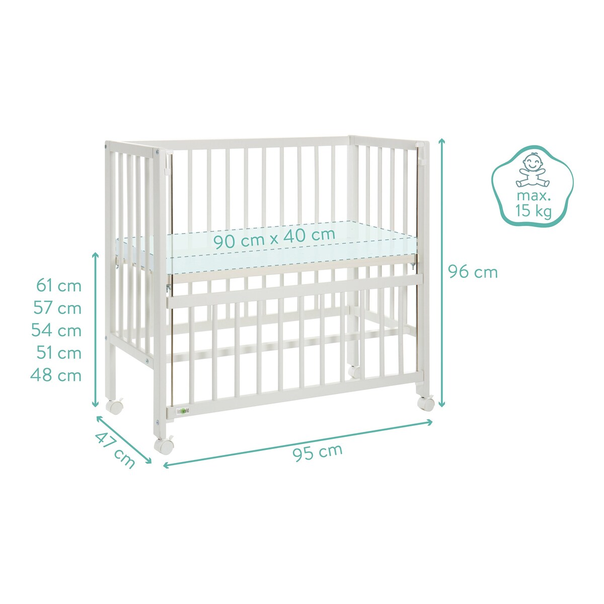 Bedside crib Cocon 4-trinns høydejustering hvit modell