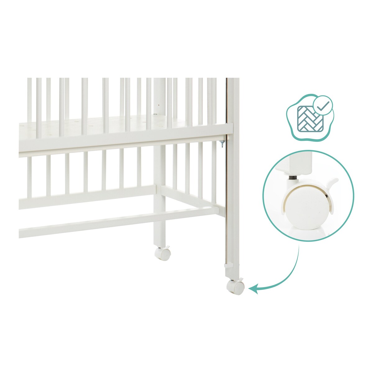 Bedside crib Cocon 4-trinns høydejustering montert ved foreldreseng