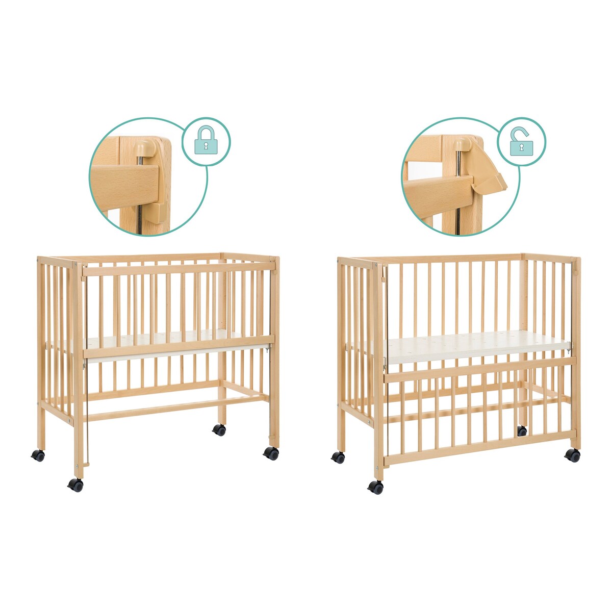 Bedside crib Cocon 40x90 cm massiv bøk med hjul montert ved foreldreseng