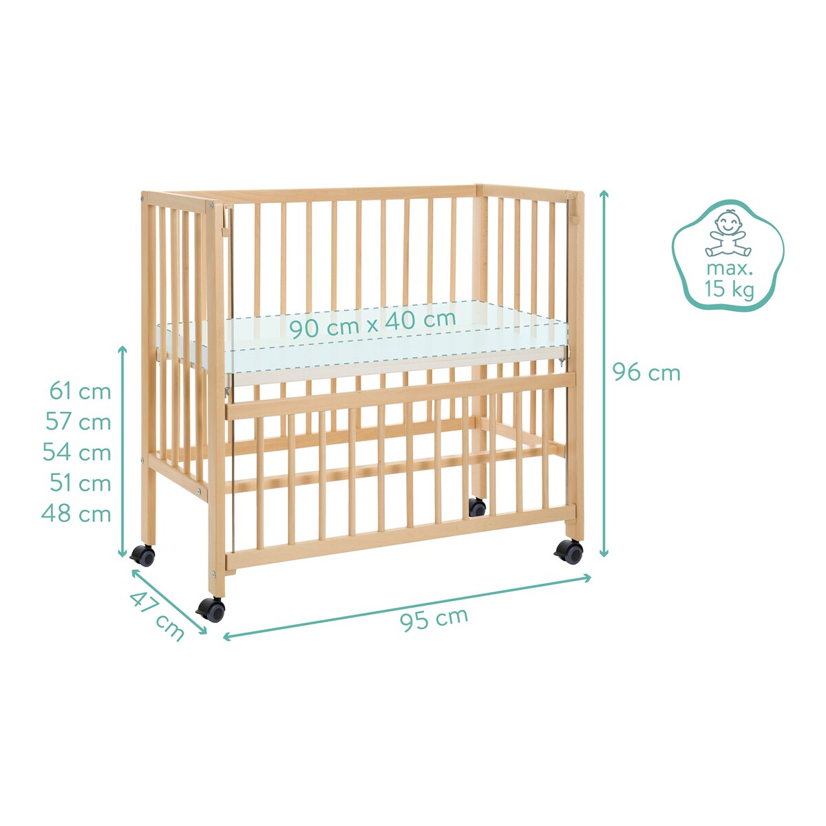 Nærbilde av bedside crib Cocon 40x90 cm massiv bøk med hjul spiler