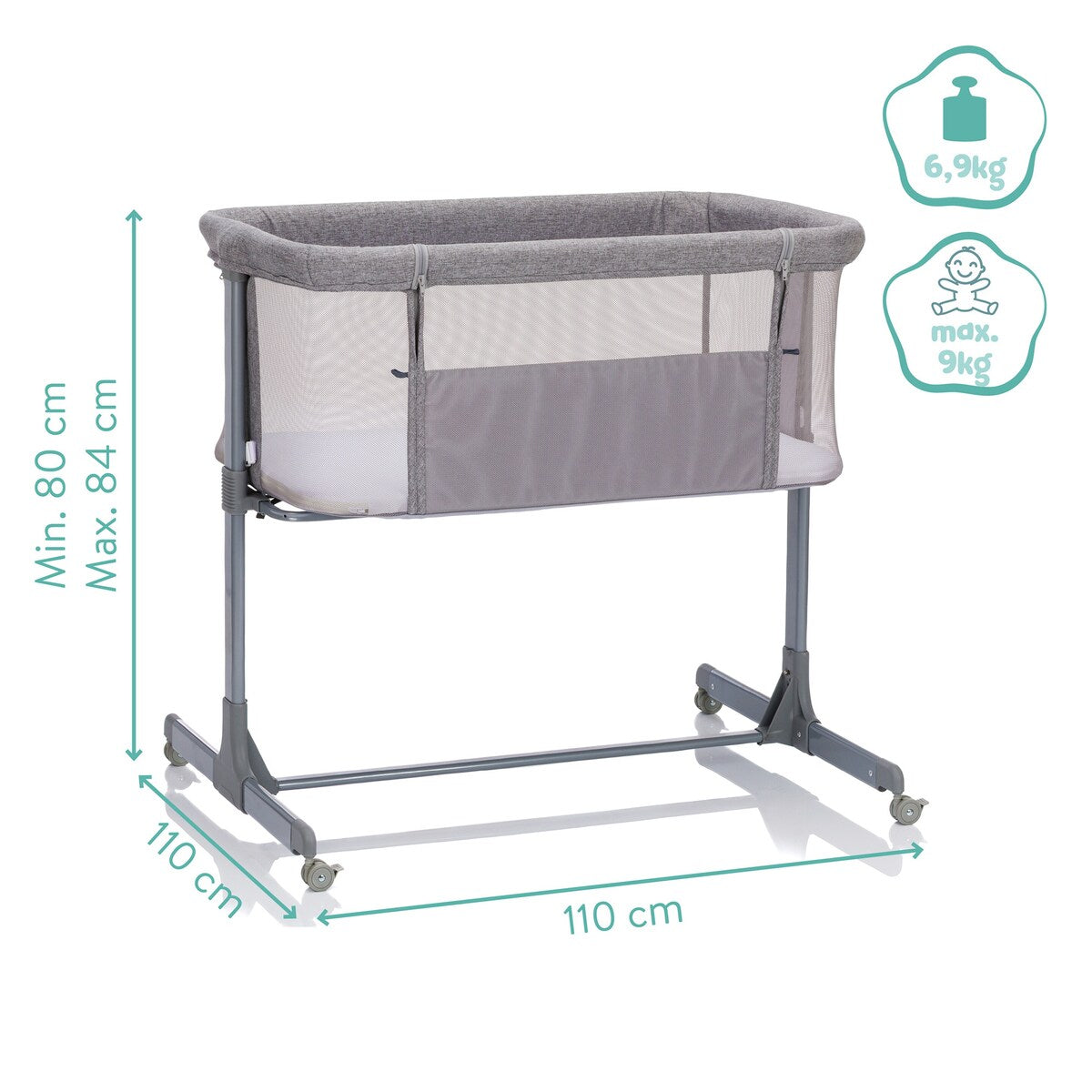 Bedside crib Eco med 3 høydeinnstillinger, opptil 9 kg montert ved seng