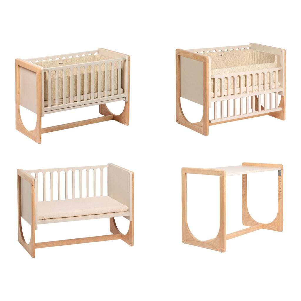 Bakside av Bedside crib Hato 3-i-1 i bøk og gummitre