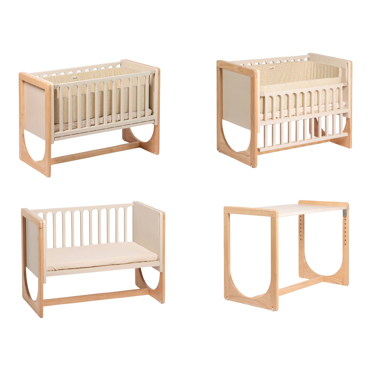 Bakside av Bedside crib Hato 3-i-1 i bøk og gummitre