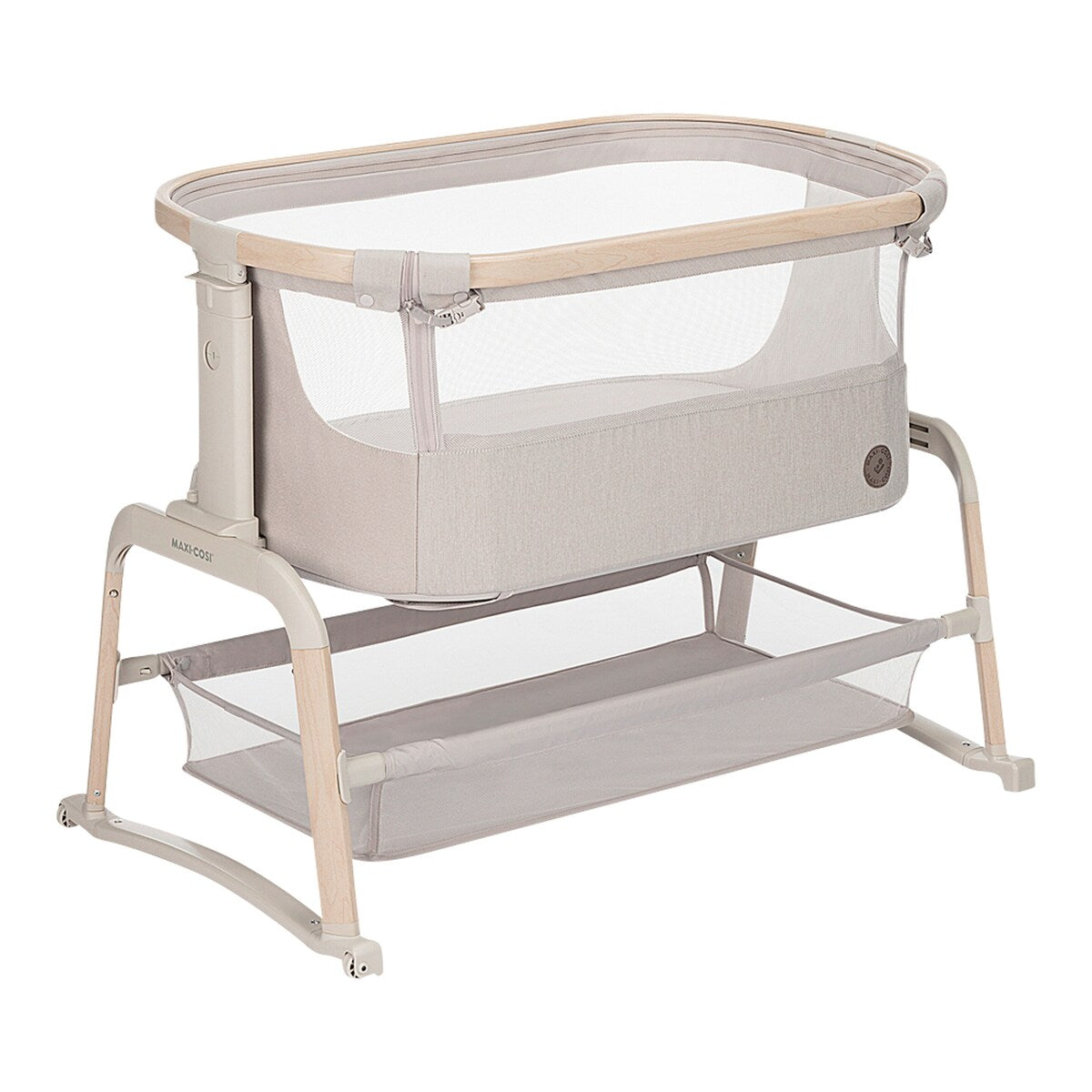 Detalj av stoff på Bedside crib Iora Air med madrass og reiseveske