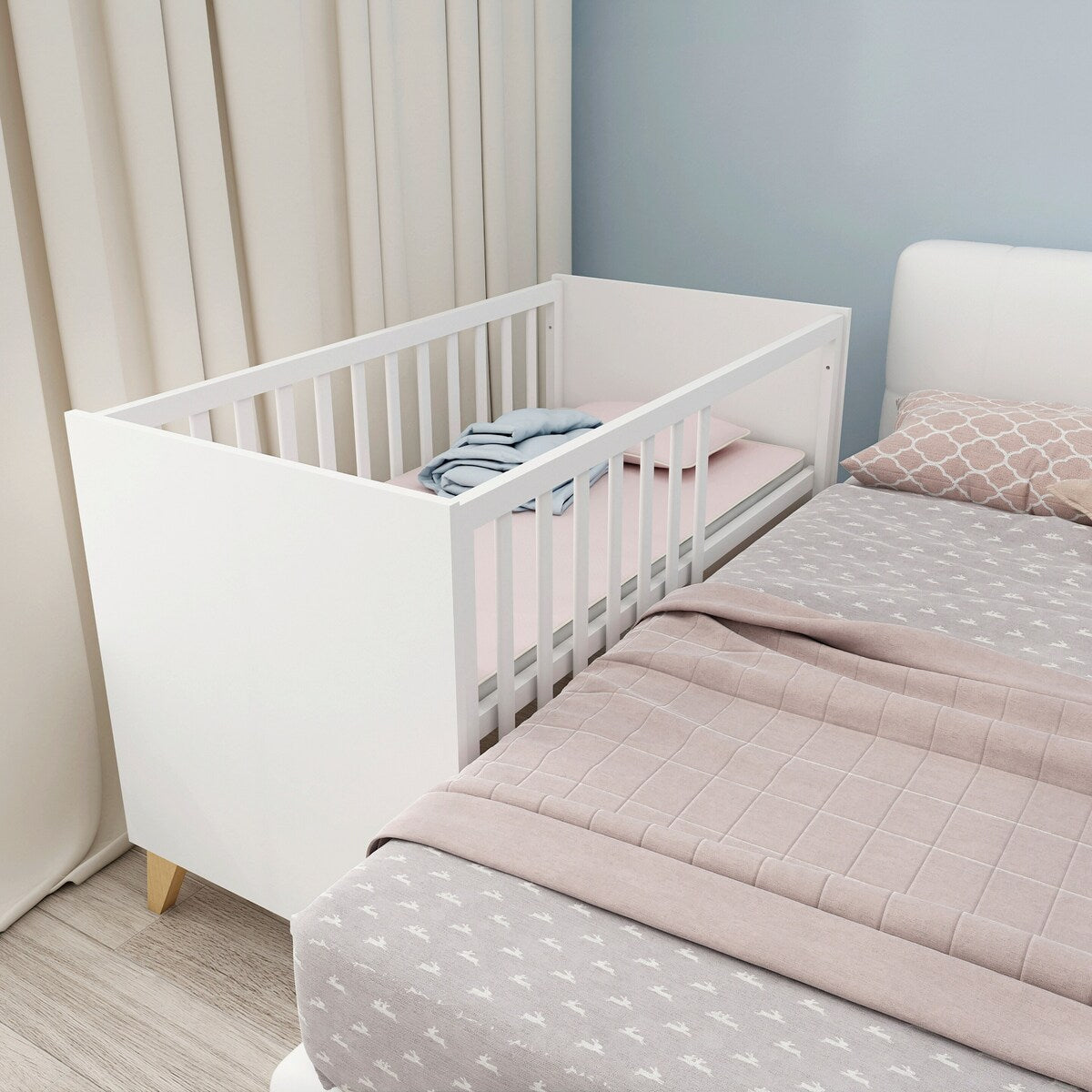 Nærbilde av spiler i Bedside crib Leon 60x120 cm med lattenrost i laminert tre
