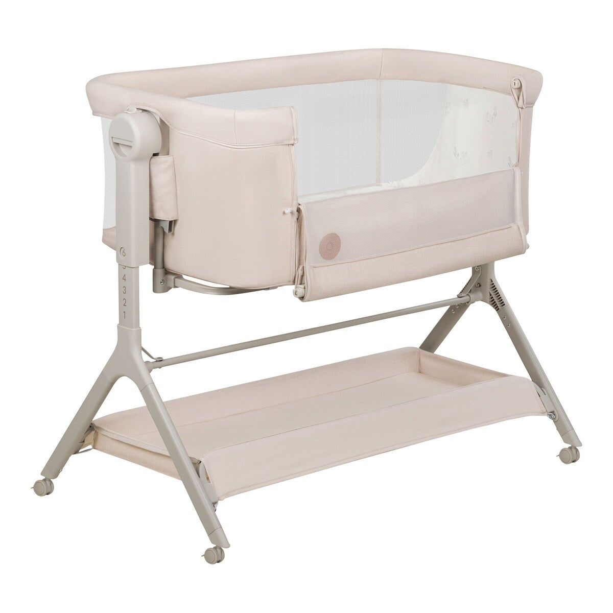Bedside crib Leonie Plus 3-i-1 med madrass og hjul bakside