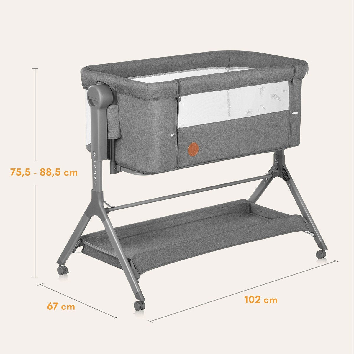 Bedside crib Leonie Plus 3-i-1 med madrass og hjul med låsbare hjul