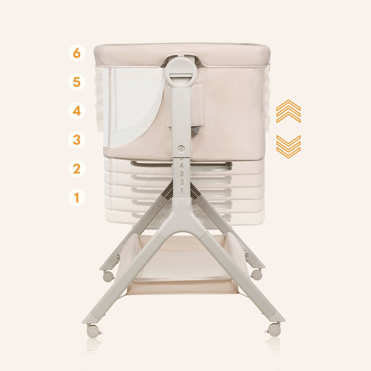 Sidevisning av Bedside crib Leonie Plus 3-i-1 med madrass og hjul