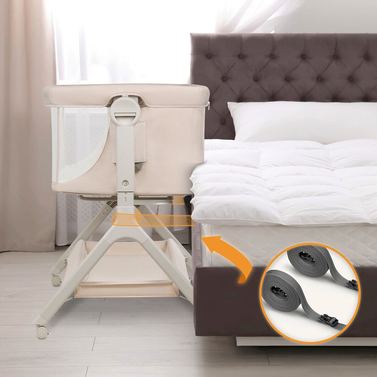 Bedside crib Leonie Plus 3-i-1 med madrass og hjul i bruk som vugge
