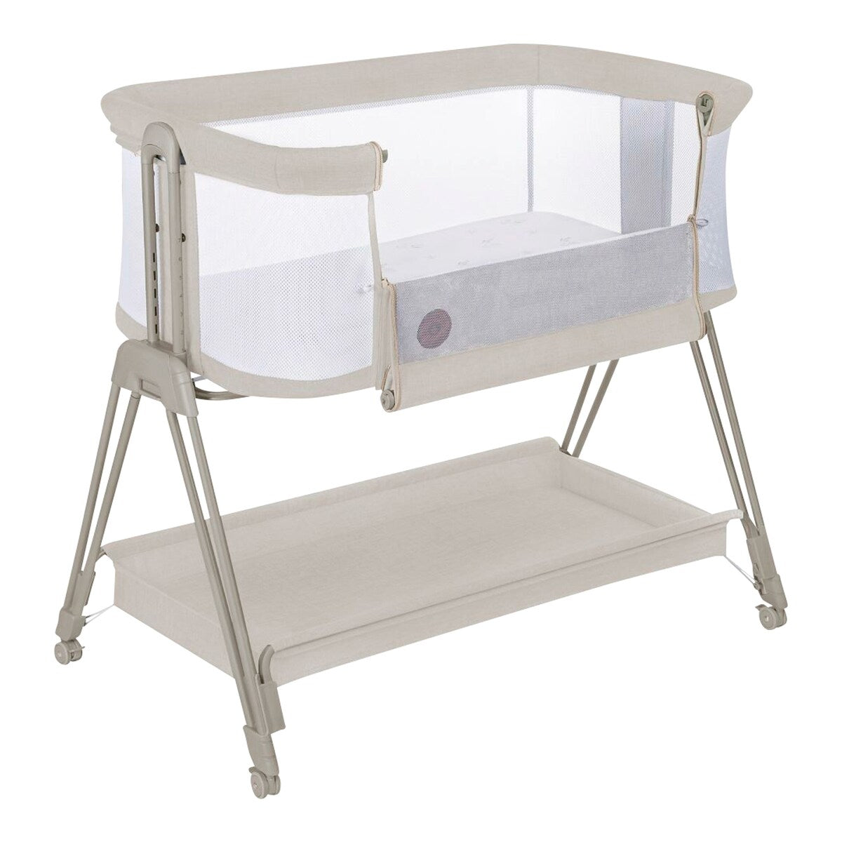 Bedside crib Luna med skummadrass og hjul bakside