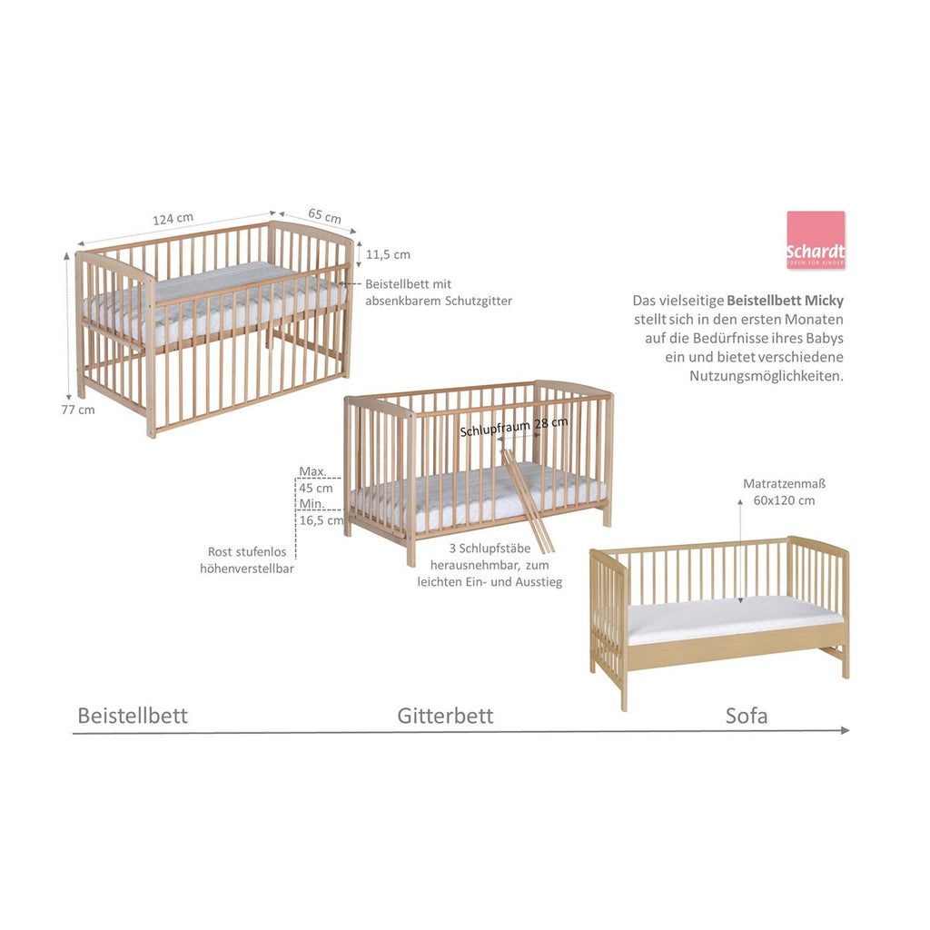 Bedside crib Micky 60x120 cm i massiv bøk - Schardt