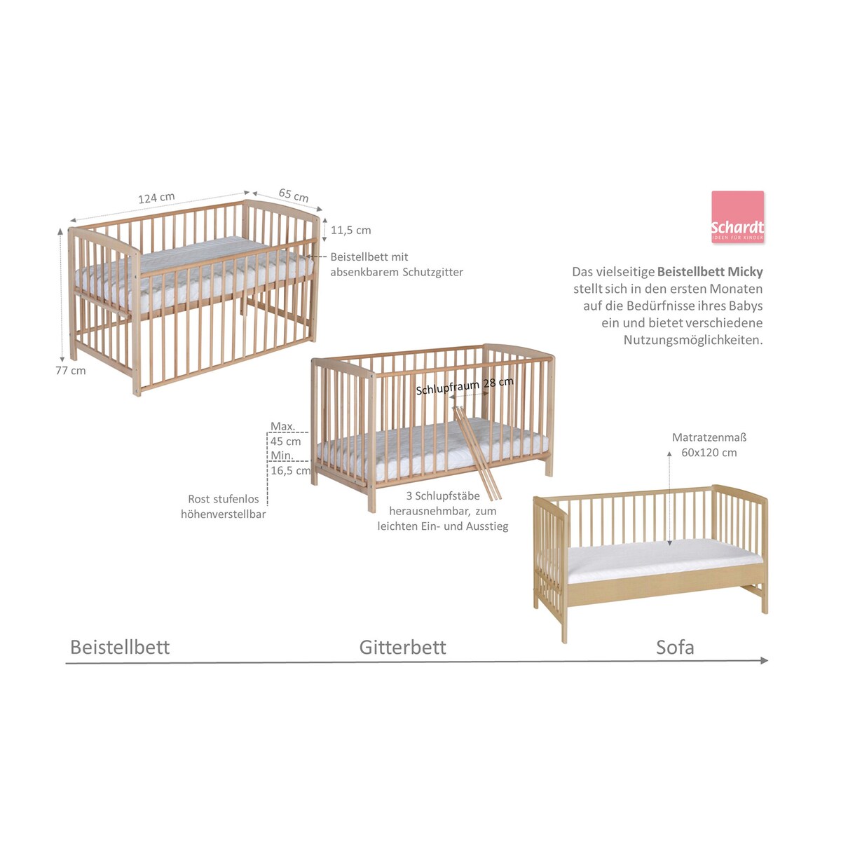Bedside crib Micky 60x120 cm i massiv bøk - Schardt
