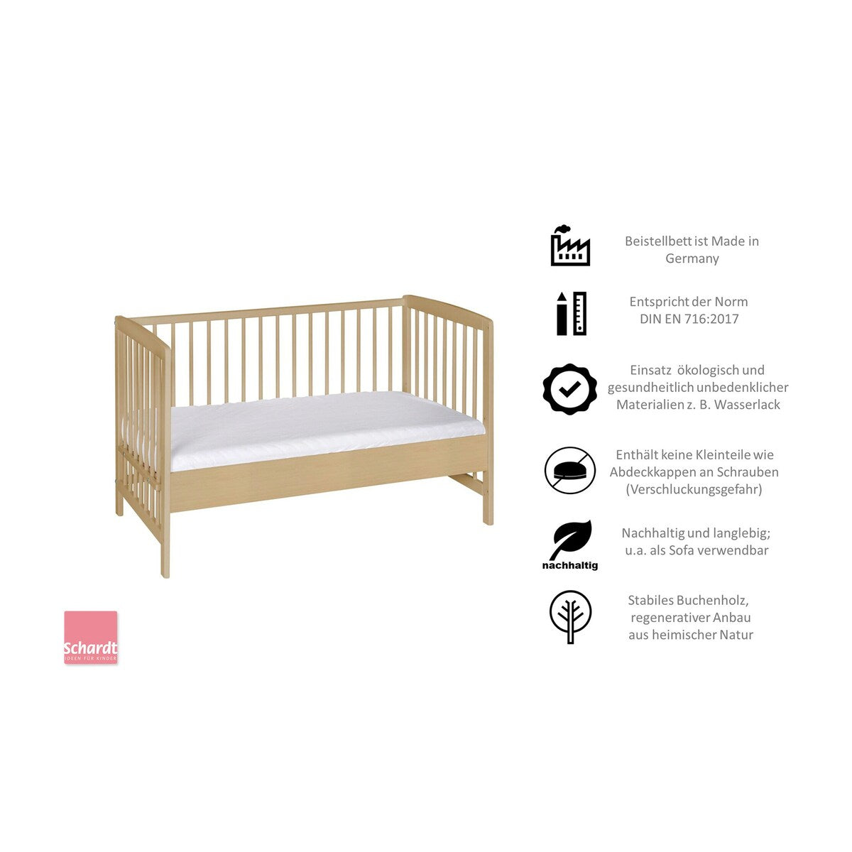 Bedside crib Micky 60x120 cm i massiv bøk - Schardt