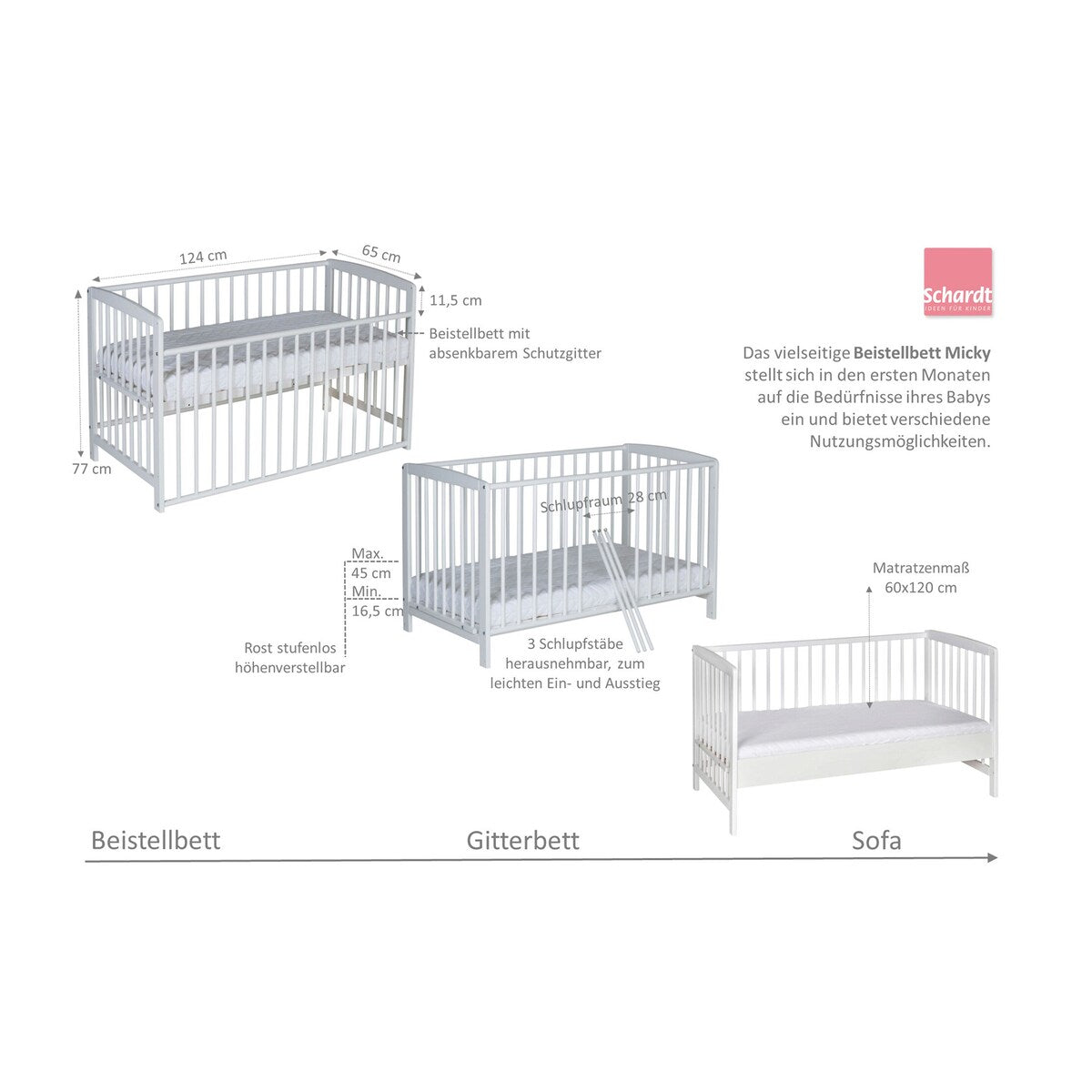 Bedside crib Micky 60x120 cm i massiv bøk - Schardt