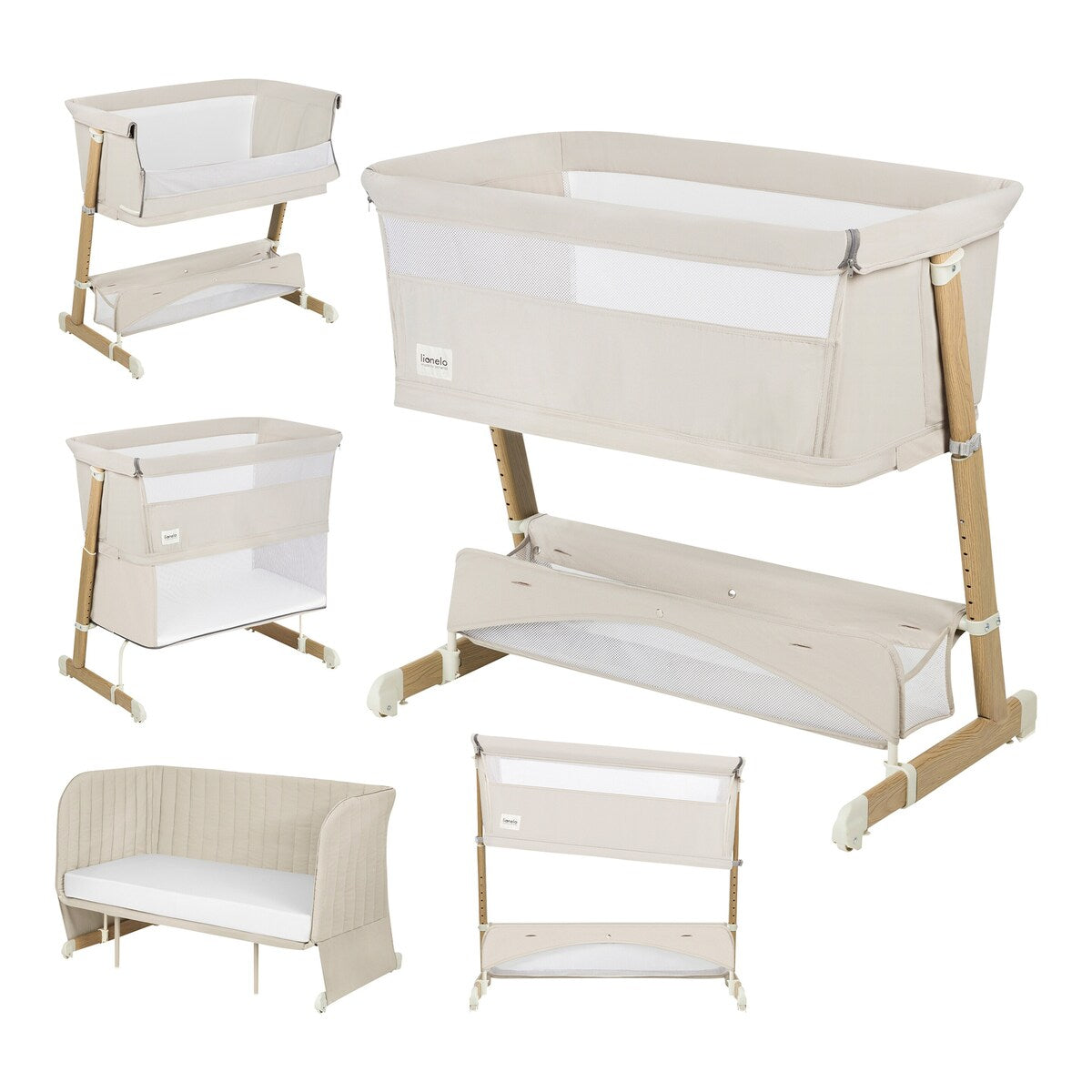 Bedside crib Thomi Plus 5-i-1 med madrass forfra