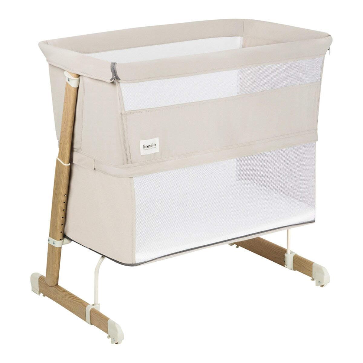 Bedside crib Thomi Plus 5-i-1 med madrass montert i foreldreseng