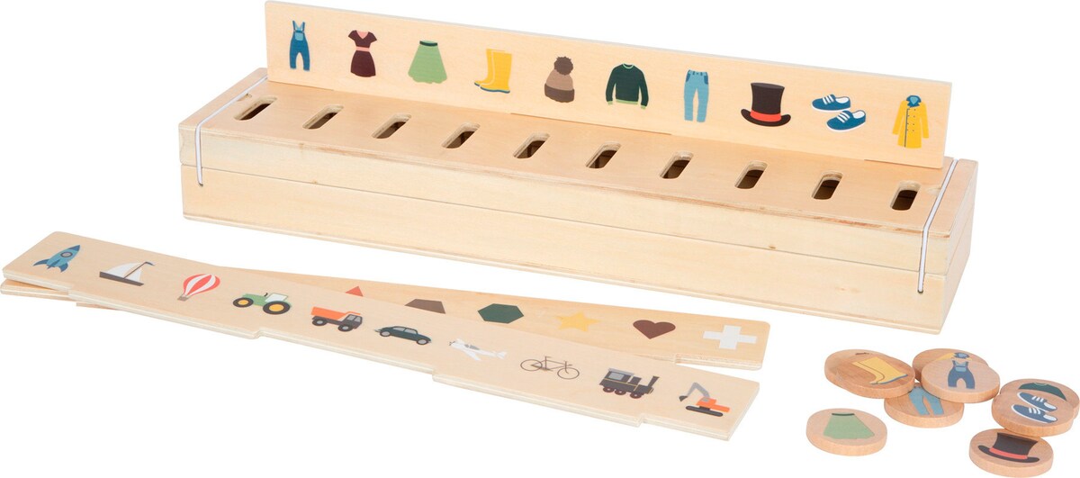Bildesorteringsboks i tre med 60 bildebrikker small foot nærbilde av skinner