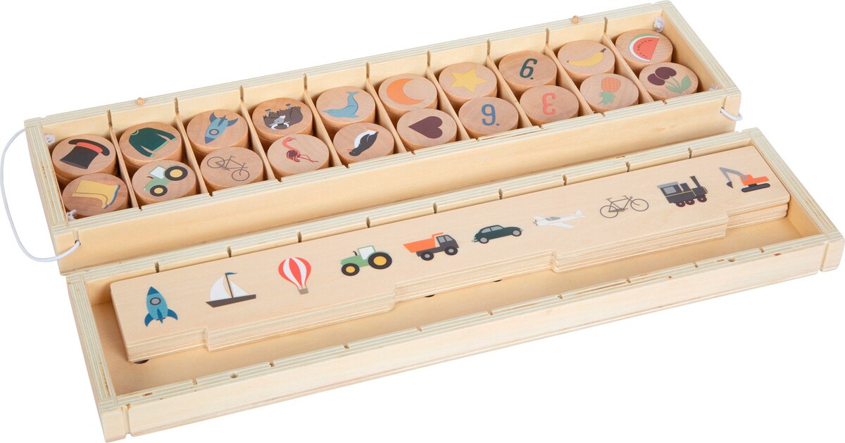 Bildesorteringsboks i tre med 60 bildebrikker small foot elastiske gummibånd