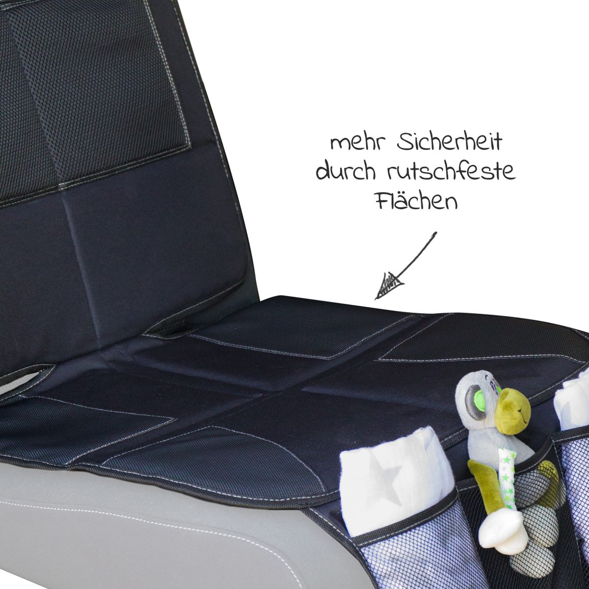 Bilsetebeskytter med oppbevaringstaske for bakovervendt bilstol med iPad-lomme, svart